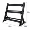 Black 3 tier dumbbell rack with no weights and measurements on a white background