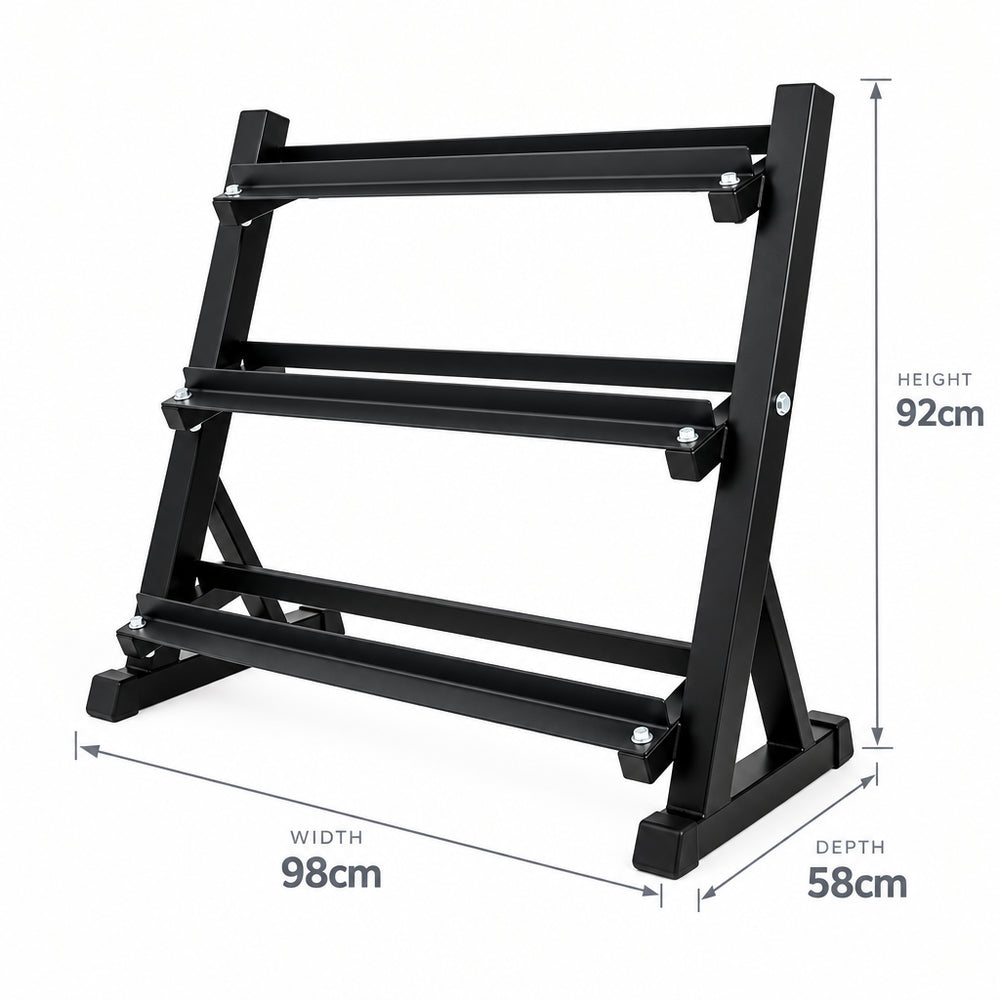 Black 3 tier dumbbell rack with no weights and measurements on a white background