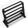 A black metal shoe rack with three tiers and an angled support base, shown on a clean white background.