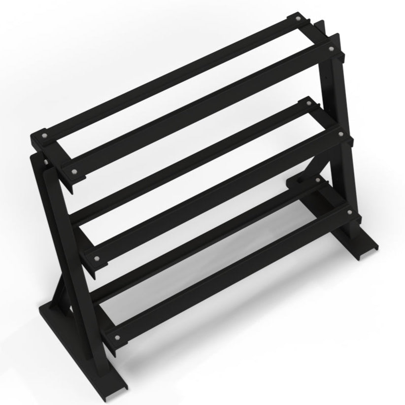 A black metal shoe rack with three tiers and an angled support base, shown on a clean white background.