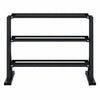 A black metal three-tier storage rack with a minimalist industrial design, standing on a white background