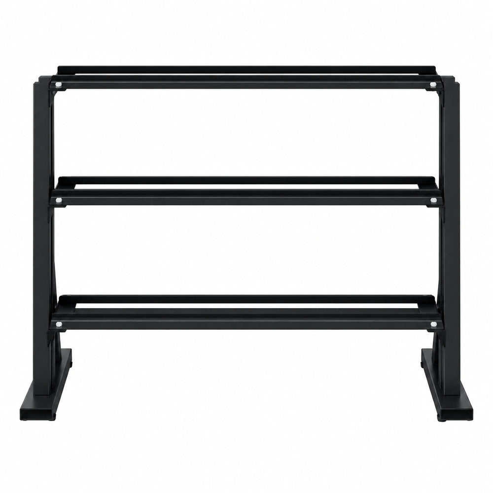 A black metal three-tier storage rack with a minimalist industrial design, standing on a white background
