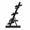 Black metal weight rack at a side angle on a white background