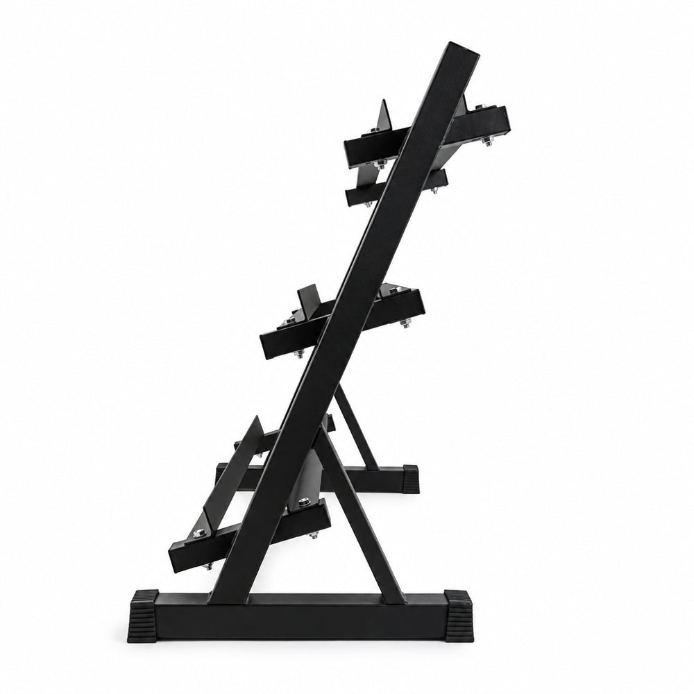 Black metal weight rack at a side angle on a white background