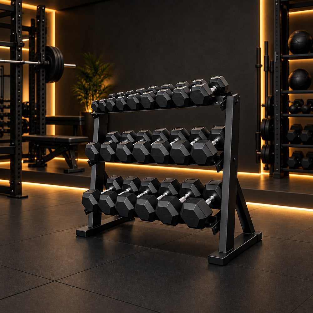 A black three-tier dumbbell rack holding multiple hex dumbbells, positioned in a gym setting with a black floor.