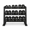 A black metal three-tier shoe rack with a stable base, shown on a clean white background.