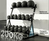 A three-tier black metal dumbbell rack holding dumbbells and exercise balls, with text overlays highlighting its high-strength steel structure and 200 kg capacity.