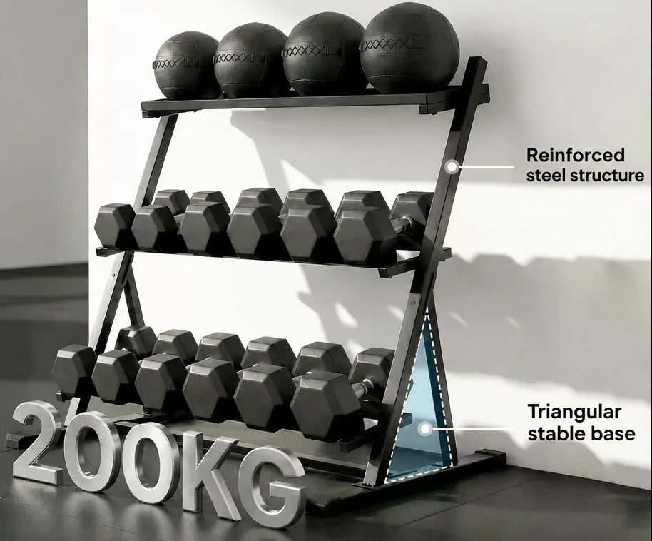 A three-tier black metal dumbbell rack holding dumbbells and exercise balls, with text overlays highlighting its high-strength steel structure and 200 kg capacity.