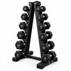 A black metal multi-tier shoe rack stand with multiple curved pegs on each side, shown on a plain white background.