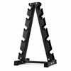 Black weight plate rack on a white background