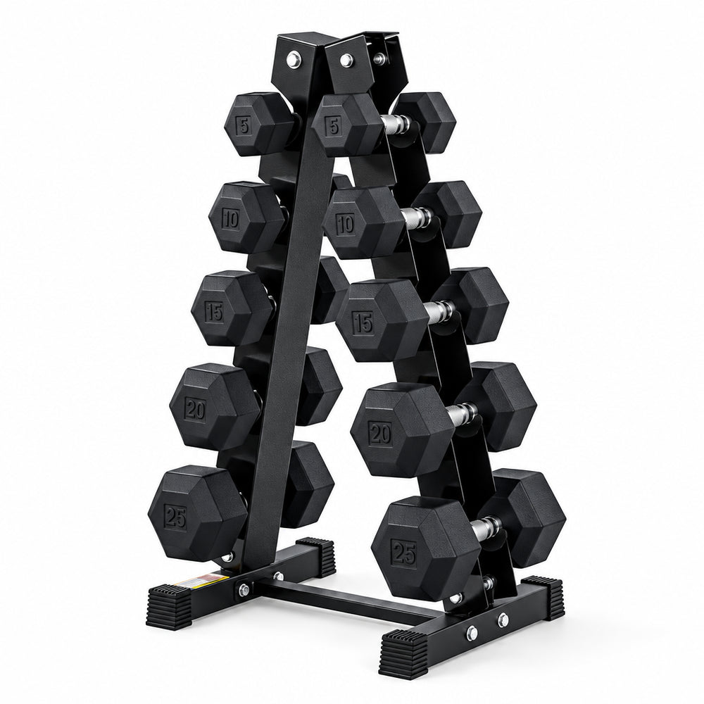 Set of black hexagonal dumbbells on a metal stand against a white background