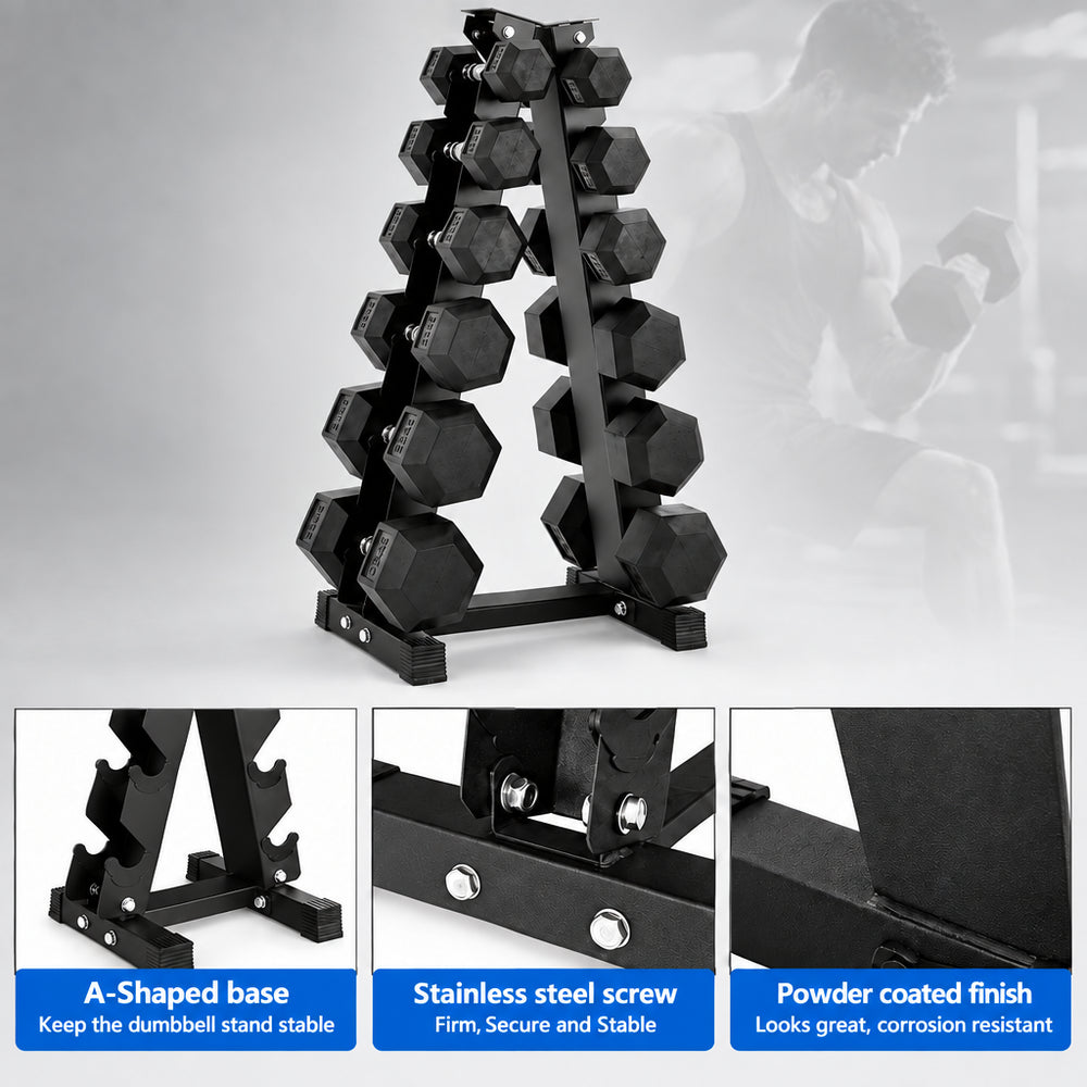 Dumbbell rack with features highlighted on a gray background