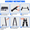 Instructional graphic titled 'HOW TO INSTALL' showing six numbered panels with hands assembling a black dumbbell rack, including opening the package, installing the tripod base, fixing screws, attaching side brackets, installing top support, and completing the setup.