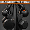 Pair of black dumbbells with weight markers on a dark background, featuring text about multi-use and top rating.