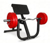 Black weight bench with barbell on a white background