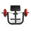 Front view of black steel frame preacher curl bench on black tiled floor and white walls