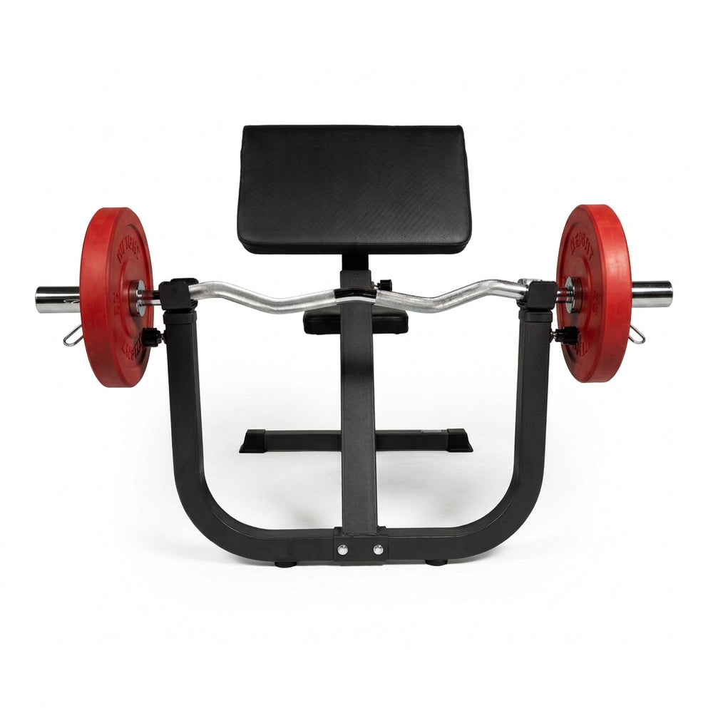 Front view of black steel frame preacher curl bench on black tiled floor and white walls