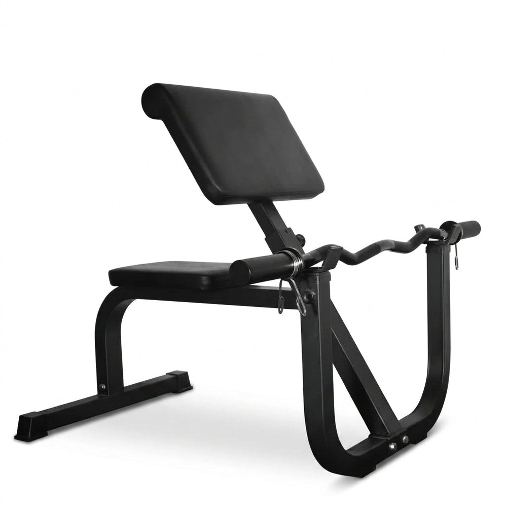 Preacher curl bench with seat and barbell