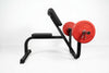 Side view of preacher curl seated bench with barbell