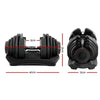 Black adjustable dumbbell with measurements on a white background