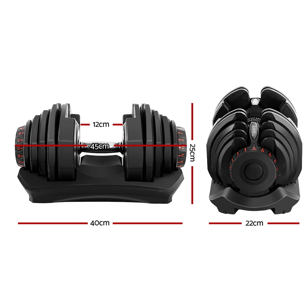 Black adjustable dumbbell with measurements on a white background