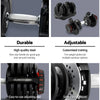 Dumbbell set with features highlighted on a gray background