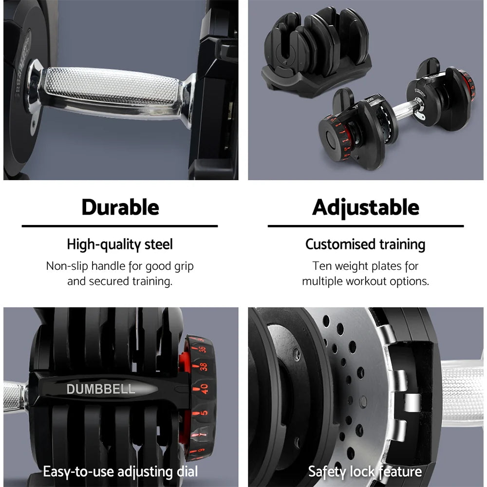 Dumbbell set with features highlighted on a gray background