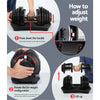 Instructions on how to adjust weights on a pair of adjustable dumbbells.