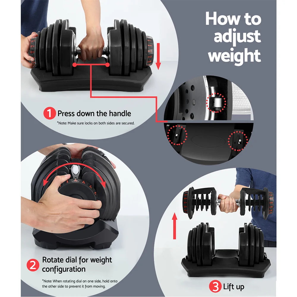 Instructions on how to adjust weights on a pair of adjustable dumbbells.
