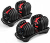 Pair of adjustable dumbbells on stands with red accents on a white background