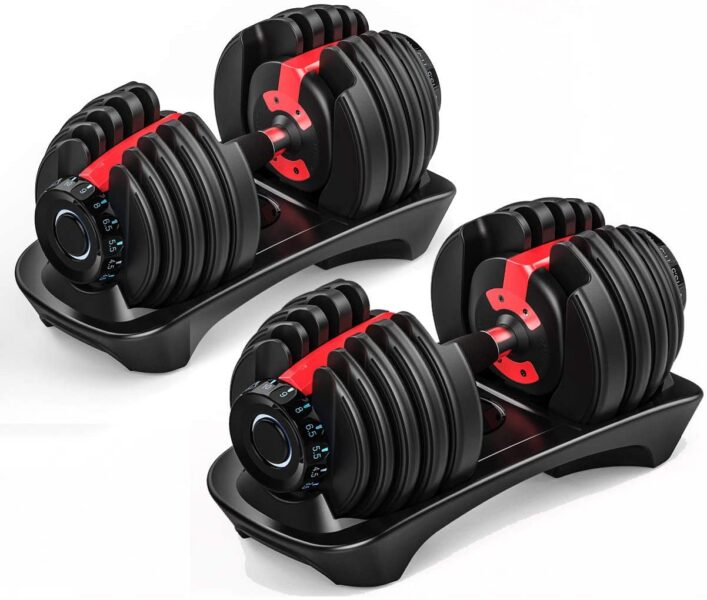 Pair of adjustable dumbbells on stands with red accents on a white background