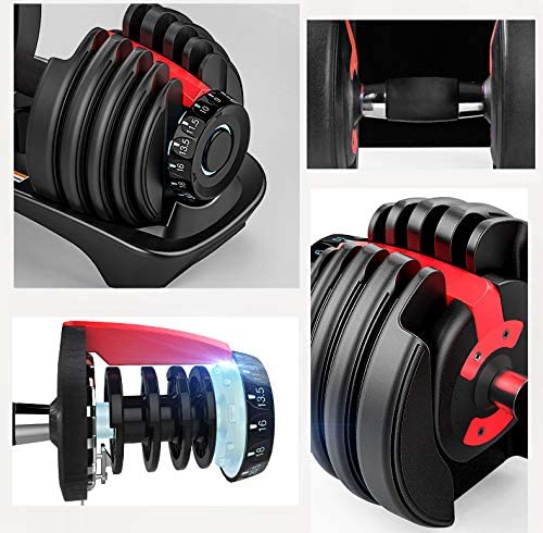 Adjustable dumbbell collage showing multiple close-up views of a black and red weight stack with a dial, including a top-down resting view, a detail of the adjustment dial, an exploded view of the spring mechanism, and a side view.
