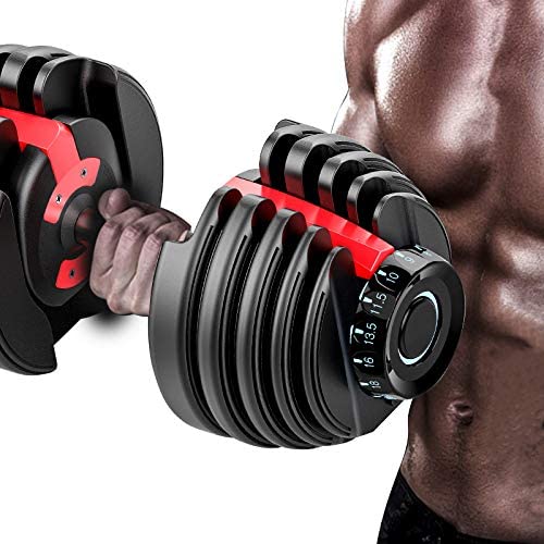 Adjustable dumbbells in black and red, shown with a person's hand gripping one and the other positioned near the torso, on a white background.