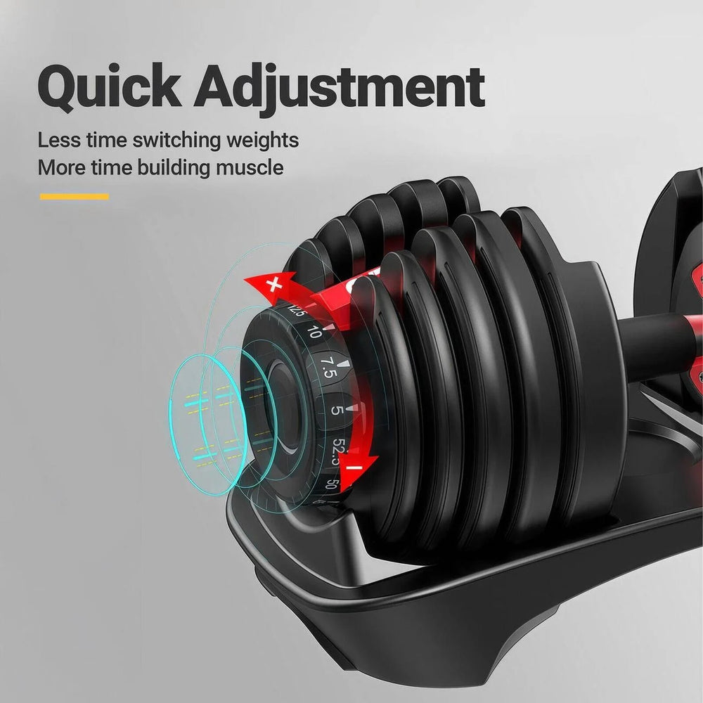 Adjustable dumbbell with quick adjustment mechanism on a gray background