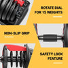 A promotional collage showing close-up views of a black adjustable dumbbell with red accents and overlaid text highlighting features: 'ROTATE DIAL FOR 15 WEIGHTS,' 'NON-SLIP GRIP,' and 'SAFETY LOCK FEATURE.'.
