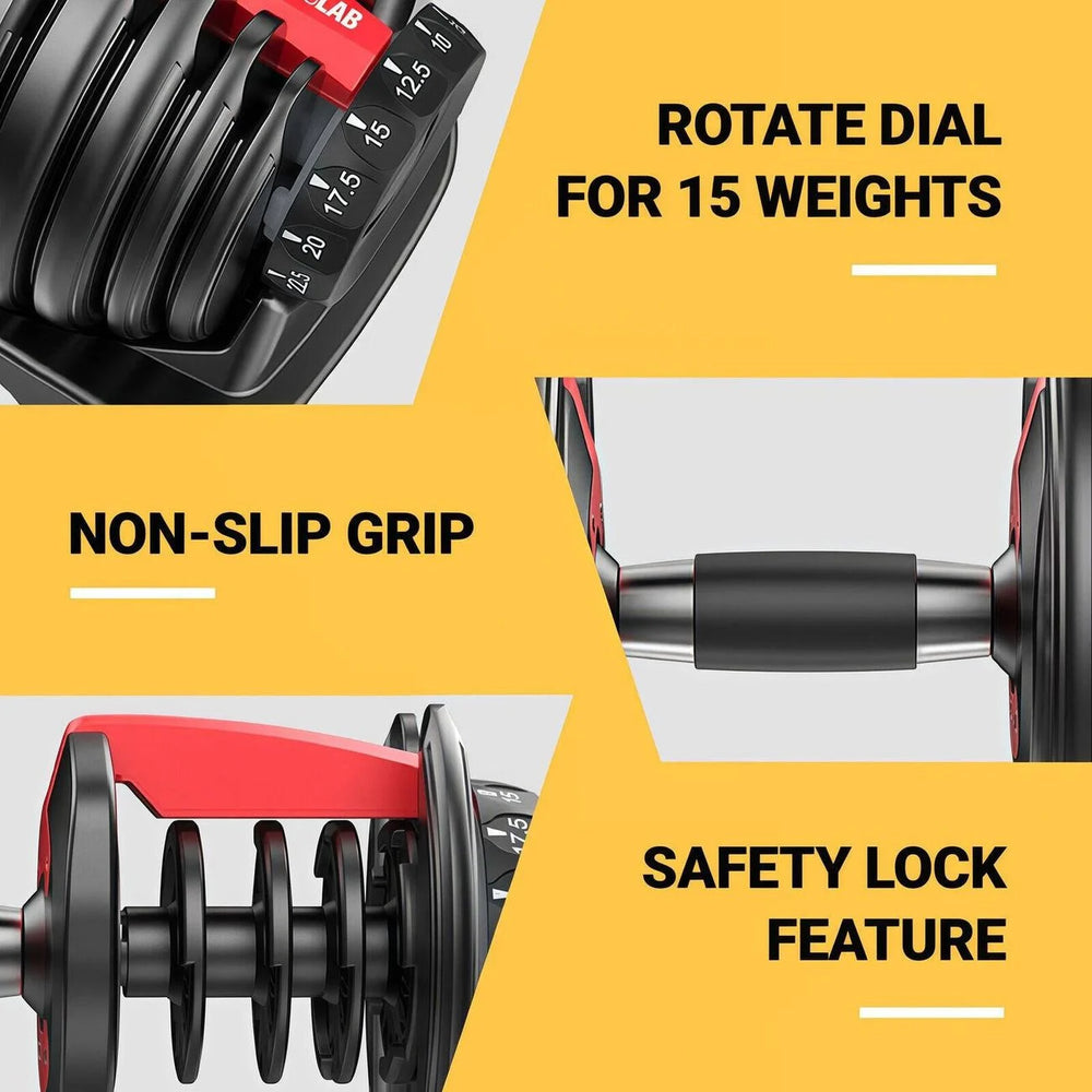 A promotional collage showing close-up views of a black adjustable dumbbell with red accents and overlaid text highlighting features: 'ROTATE DIAL FOR 15 WEIGHTS,' 'NON-SLIP GRIP,' and 'SAFETY LOCK FEATURE.'.