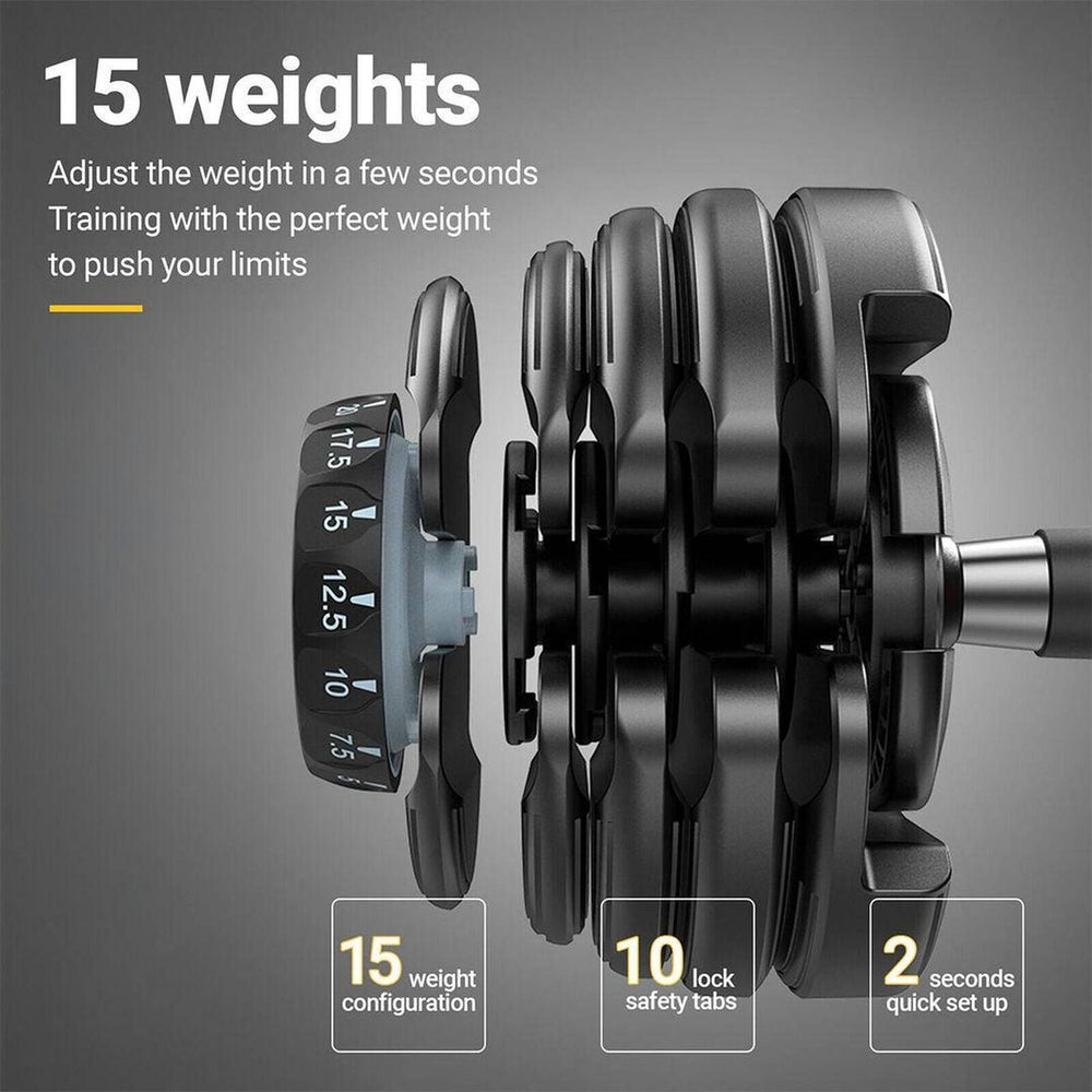 Dumbbell with weight adjustment mechanism on a gray background