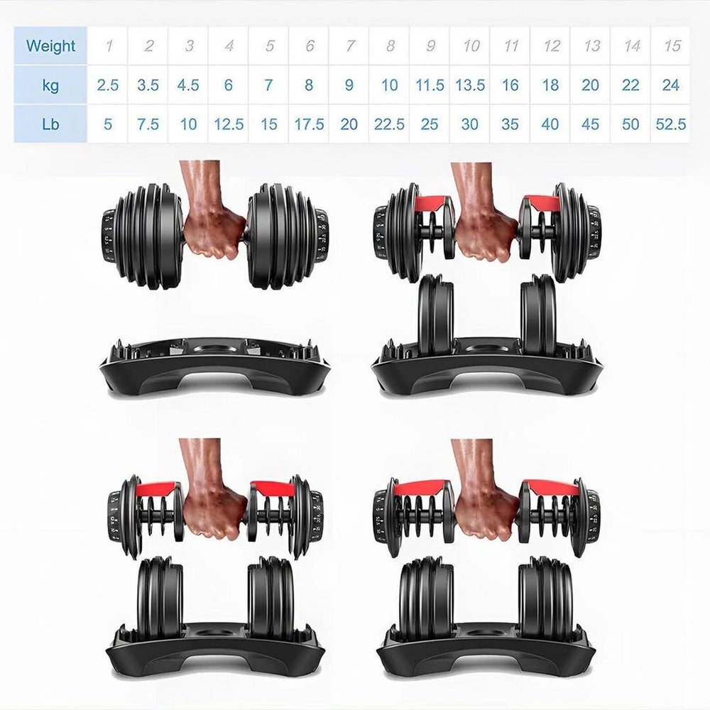 Set of adjustable dumbbells with weight display on a white background