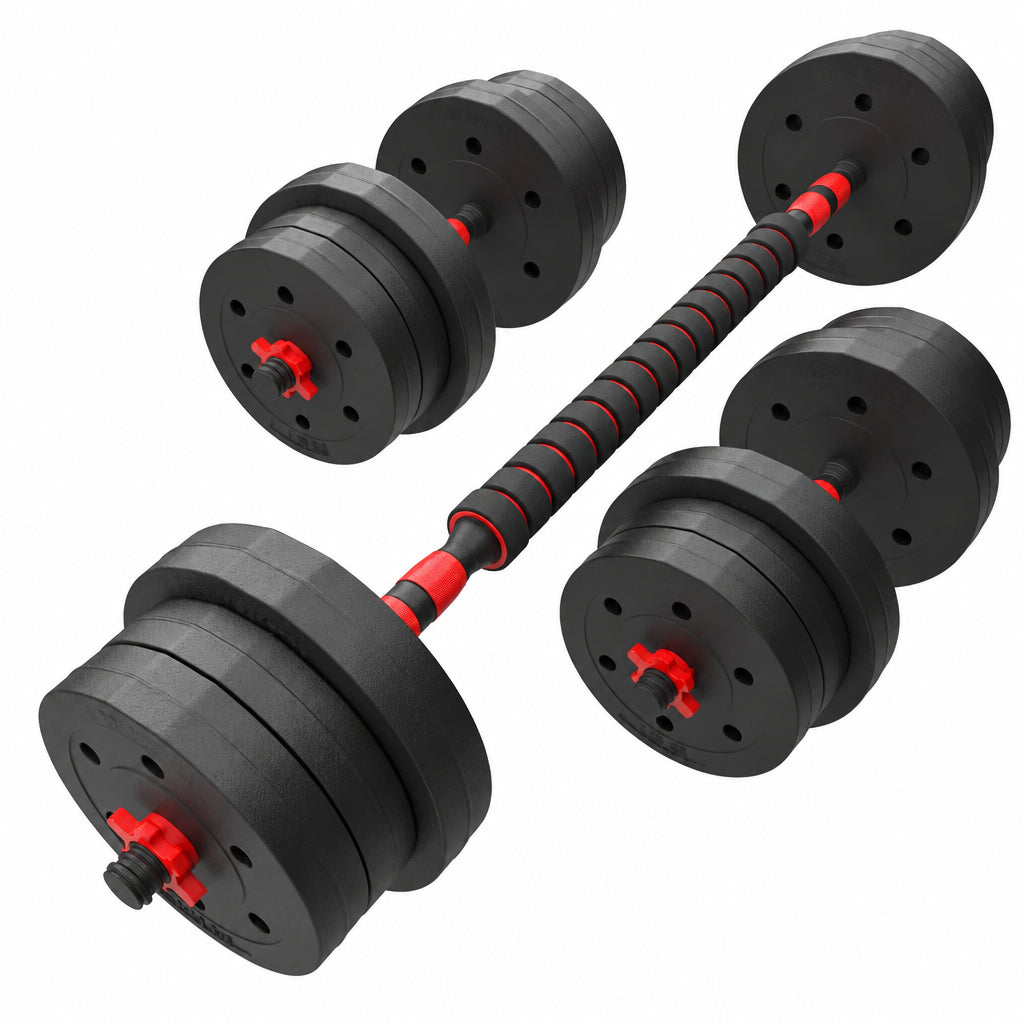 A pair of adjustable dumbbells with black weight plates and red accents, including a textured black and red handle, shown on a solid white background. Main image