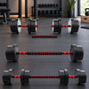 Graphic showing a barbell being assembled from two dumbbells and a red textured center section on a dark gray background.