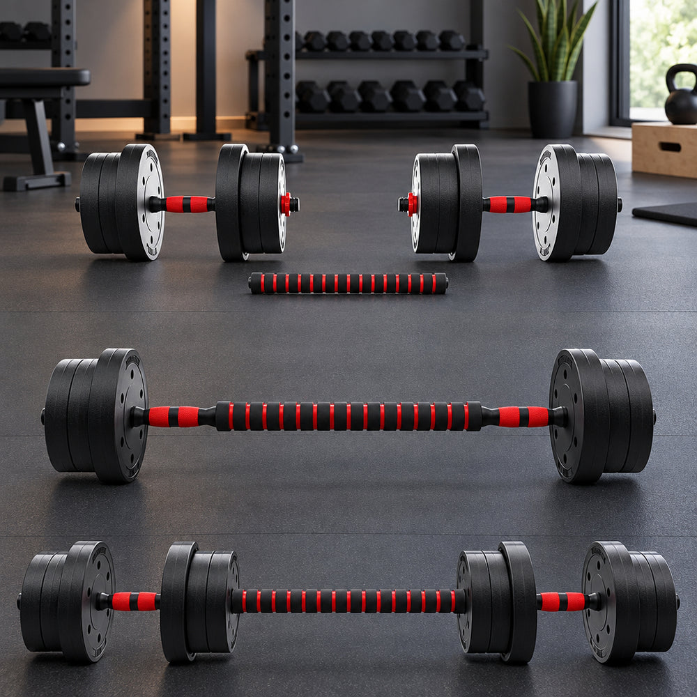 Graphic showing a barbell being assembled from two dumbbells and a red textured center section on a dark gray background.