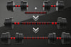 Graphic showing a barbell being assembled from two dumbbells and a red textured center section on a dark gray background.