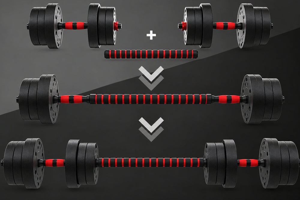 Graphic showing a barbell being assembled from two dumbbells and a red textured center section on a dark gray background.