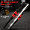 Two barbells with red and black design on a dark background, highlighting solid stainless steel pipe and heavy PVC material.
