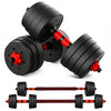 Pair of black and red adjustable dumbbells on a white background