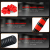 Feature callout graphic for a red and black barbell handlebar lock set, showing close-up views of red non-slip lock nuts, a red-and-black textured grip handle, and a black ribbed resistance sleeve with text describing secure barbell locks, anti-slip grip handle, and heavy-duty resistance pipe.