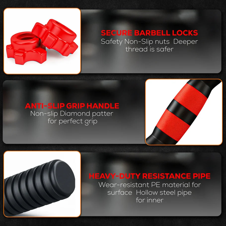 Feature callout graphic for a red and black barbell handlebar lock set, showing close-up views of red non-slip lock nuts, a red-and-black textured grip handle, and a black ribbed resistance sleeve with text describing secure barbell locks, anti-slip grip handle, and heavy-duty resistance pipe.