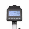 A close-up of a rowing machine console with a black housing, silver metal stem, and a blue backlit digital display screen showing workout metrics.
