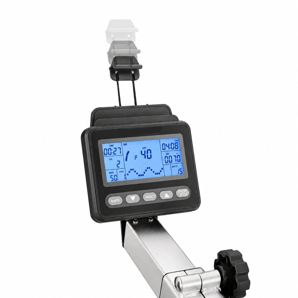 Digital rowing computer mounted on a rowing machine, showing a blue backlit LCD screen with metrics and controls, set against a plain white background.
