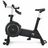 A black and silver indoor cycling machine with a large circular fan, adjustable seat, and handlebars, shown from a side profile on a white background.